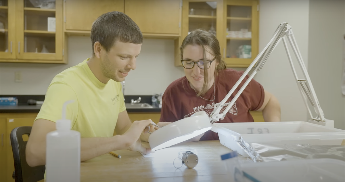Two people are examining a small object under a magnifying lamp in a classroom. One is holding a pen, and both are focused on the task. Shelves with supplies can be seen in the background.